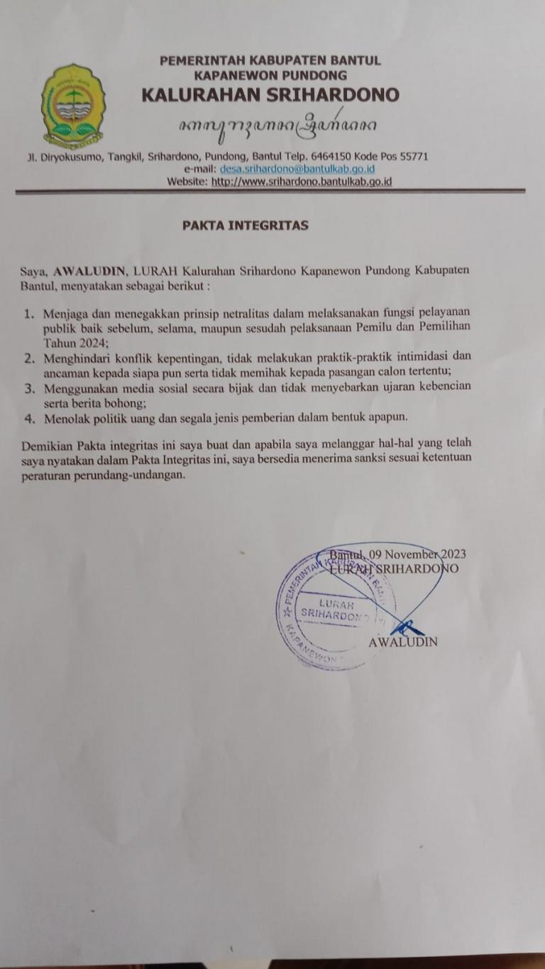 Netralitas Lurah, Pamong dan Bamuskal Kalurahan Srihardono
